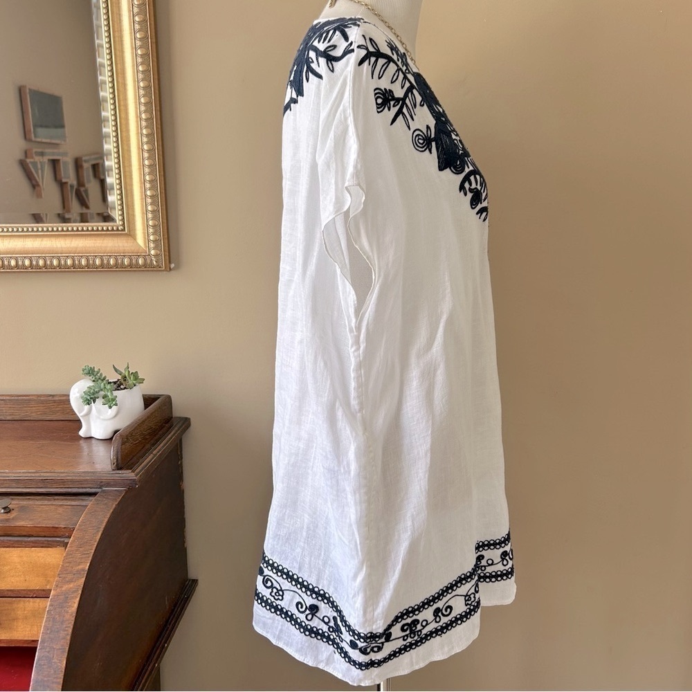 Tory Burch Embroidered Beach Caftan Cover-Up Mini Dress Navy Blue White Linen S - Picture 7 of 11